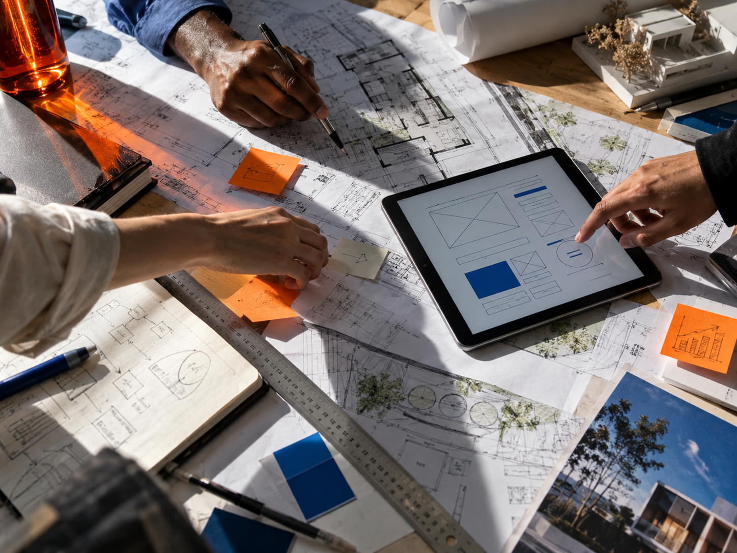 Product strategy and software plans on a worktable